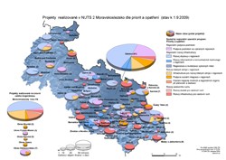 Mapa Projekty realizované v NUTS 2 Moravskoslezsko dle priorit a opatření (stav k 1.9.2009) (A4)
