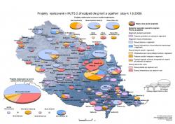 Mapa Projekty realizované v NUTS 2 Jihovýchod dle priorit a opatření (stav k 1.9.2009) (A4)