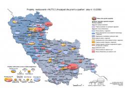 Mapa Projekty realizované v NUTS 2 Jihozápad dle priorit a opatření (stav k 1.9.2009) (A4)