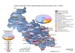 Mapa Projekty realizované v NUTS 2 Moravskoslezsko dle priorit a opatření (stav k 1.9.2009) (A4)