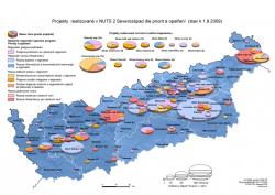 Mapa Projekty realizované v NUTS 2 Severozápad dle priorit a opatření (stav k 1.9.2009) (A4)