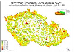 Mapa Prostorová interpolace finančního dopadu projektů z programů realizovaných v letech 1994 - 2006