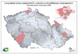 Mapa Povodně 2009 - vyhlášení stavu nebezpečí