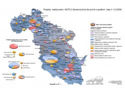 Mapa Projekty realizované v NUTS 2 Severovýchod dle priorit a opatření (stav k 1.9.2009) (A4)